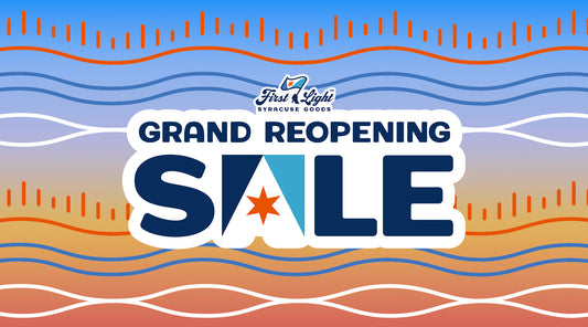 A logo for First Light Syracuse Goods grand reopening sale