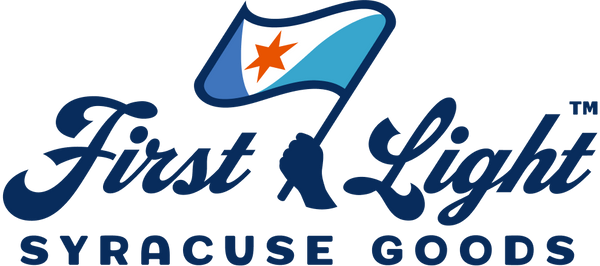 Navy version of the full color First Light Syracuse Goods™ logo